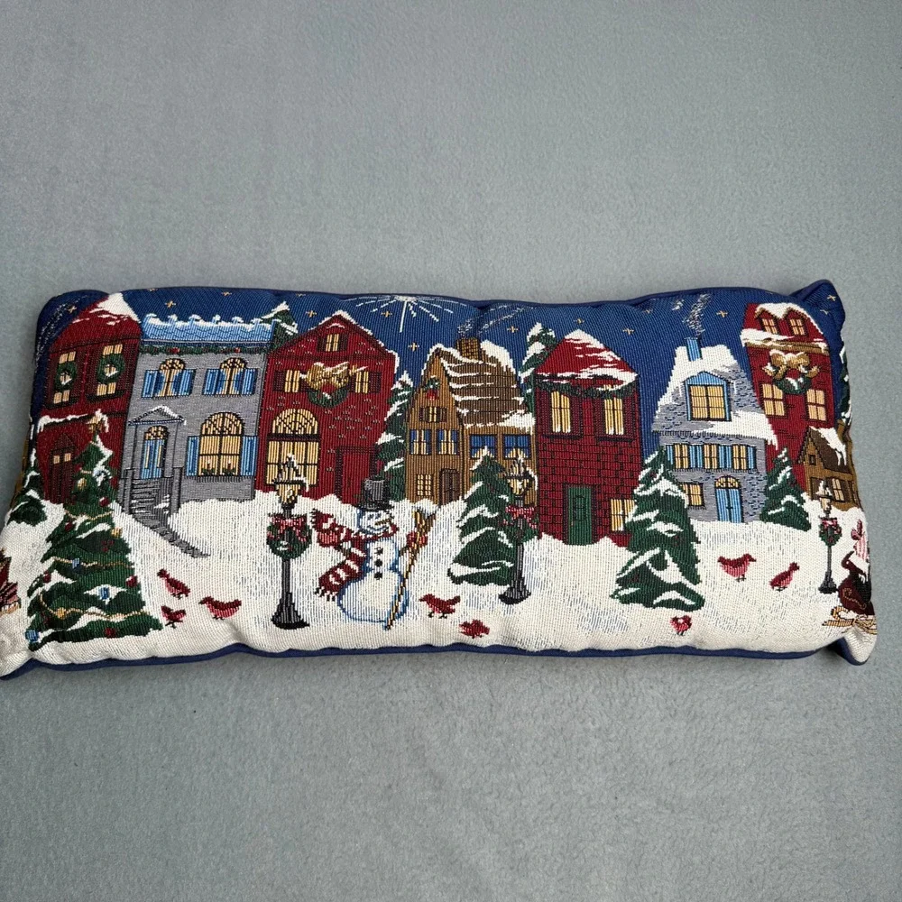 Christmas Winter Village Tapestry Lumbar Pillow Snowman Houses Navy Blue 23x11